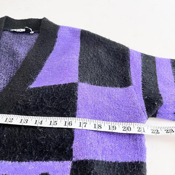 Zara Purple Black Checkered Flower Jacquard Knit Oversized Cardigan Sweater S - Picture 8 of 9